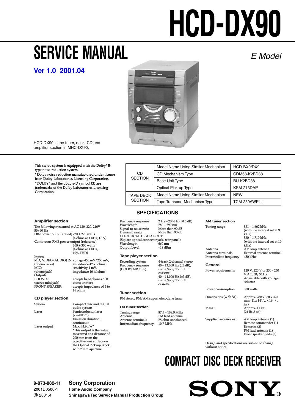 sony hcd dx 90 service manual