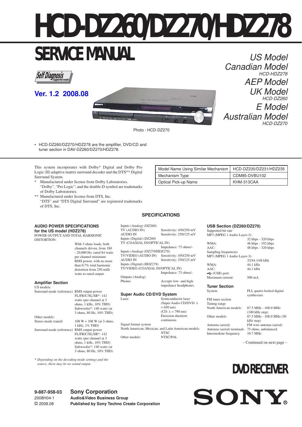 sony hcd dz 260 service manual