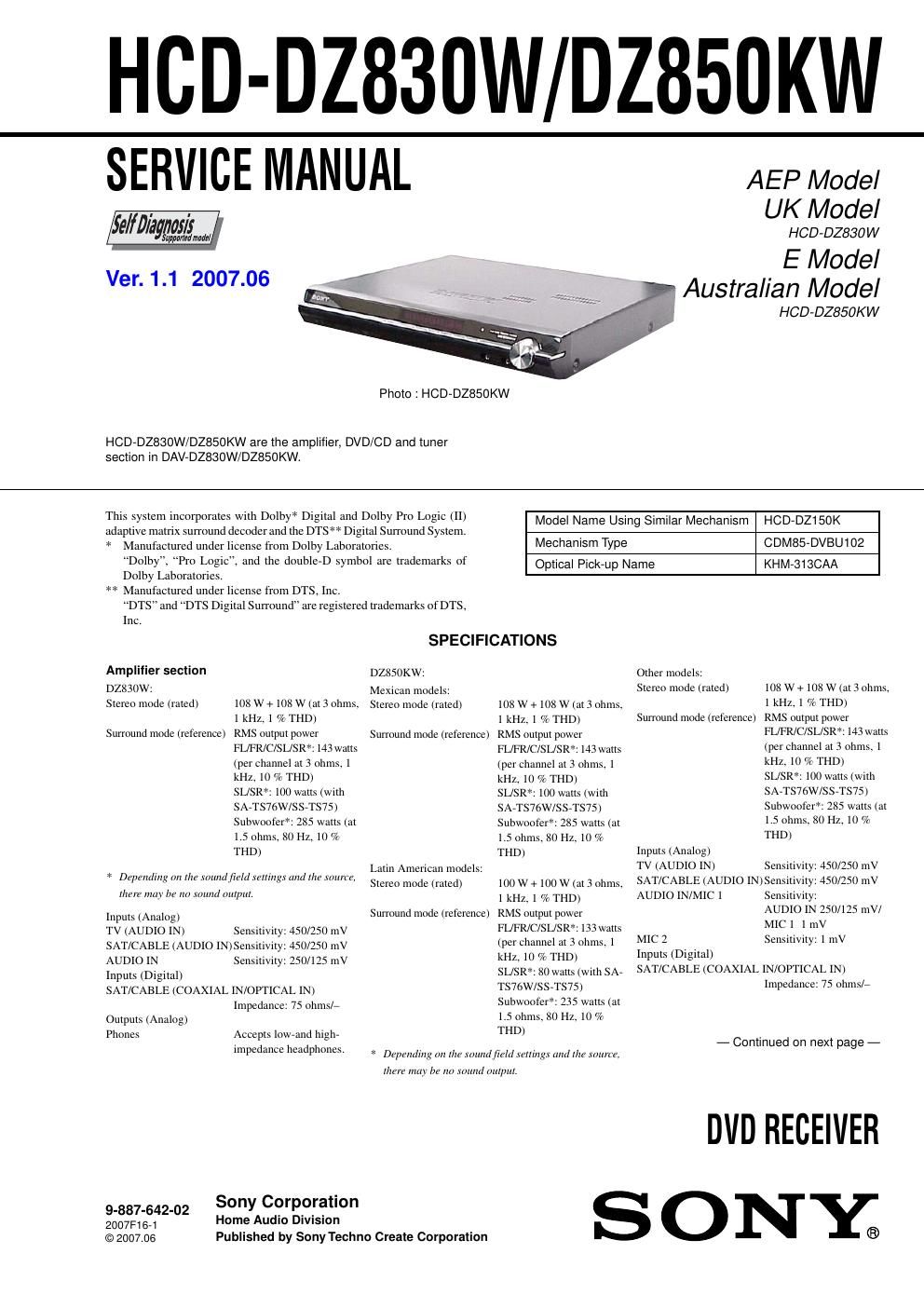 sony hcd dz 830 w service manual