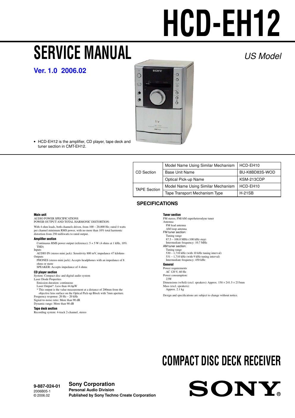 sony hcd eh 12 service manual