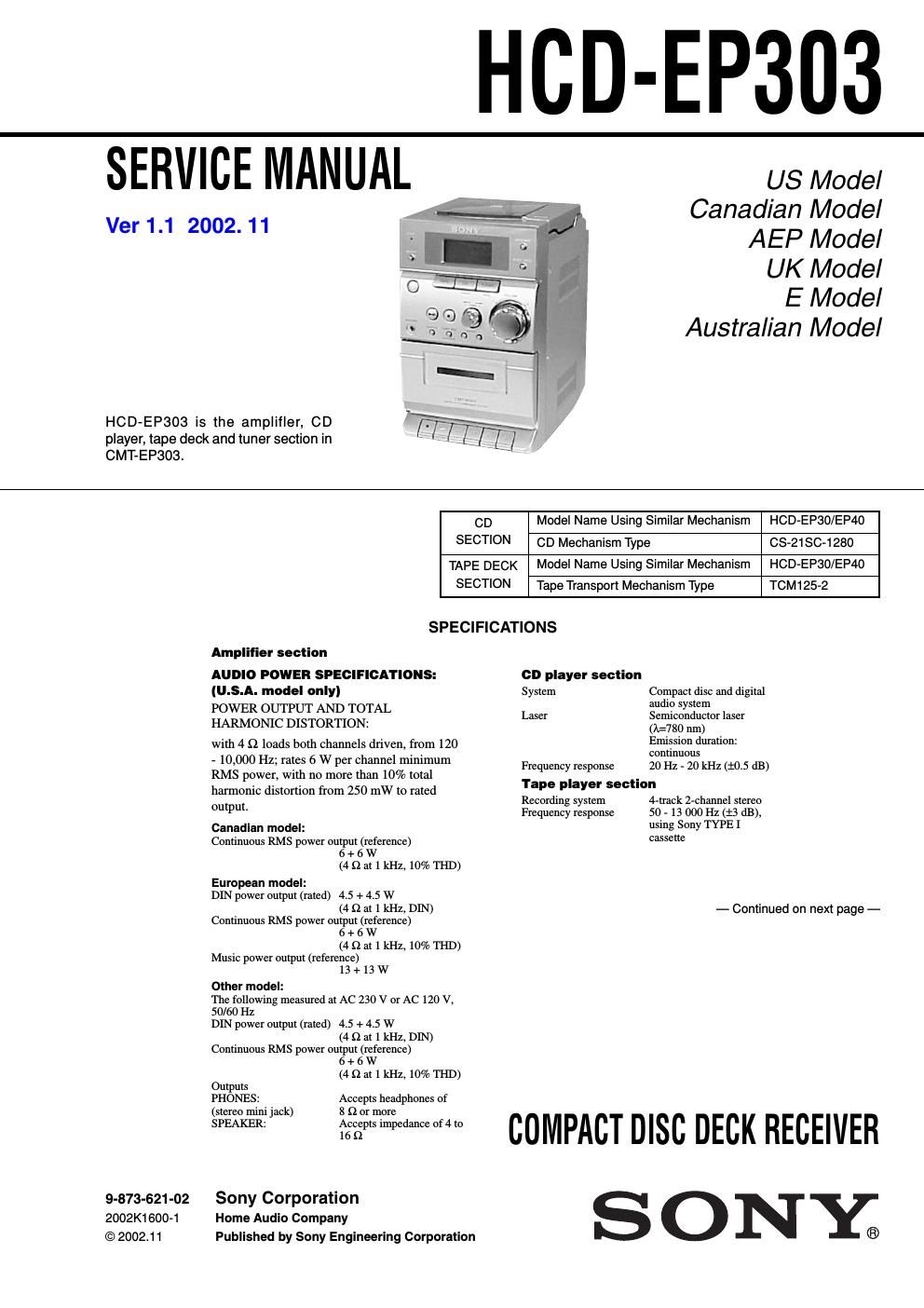 sony hcd ep 303 service manual