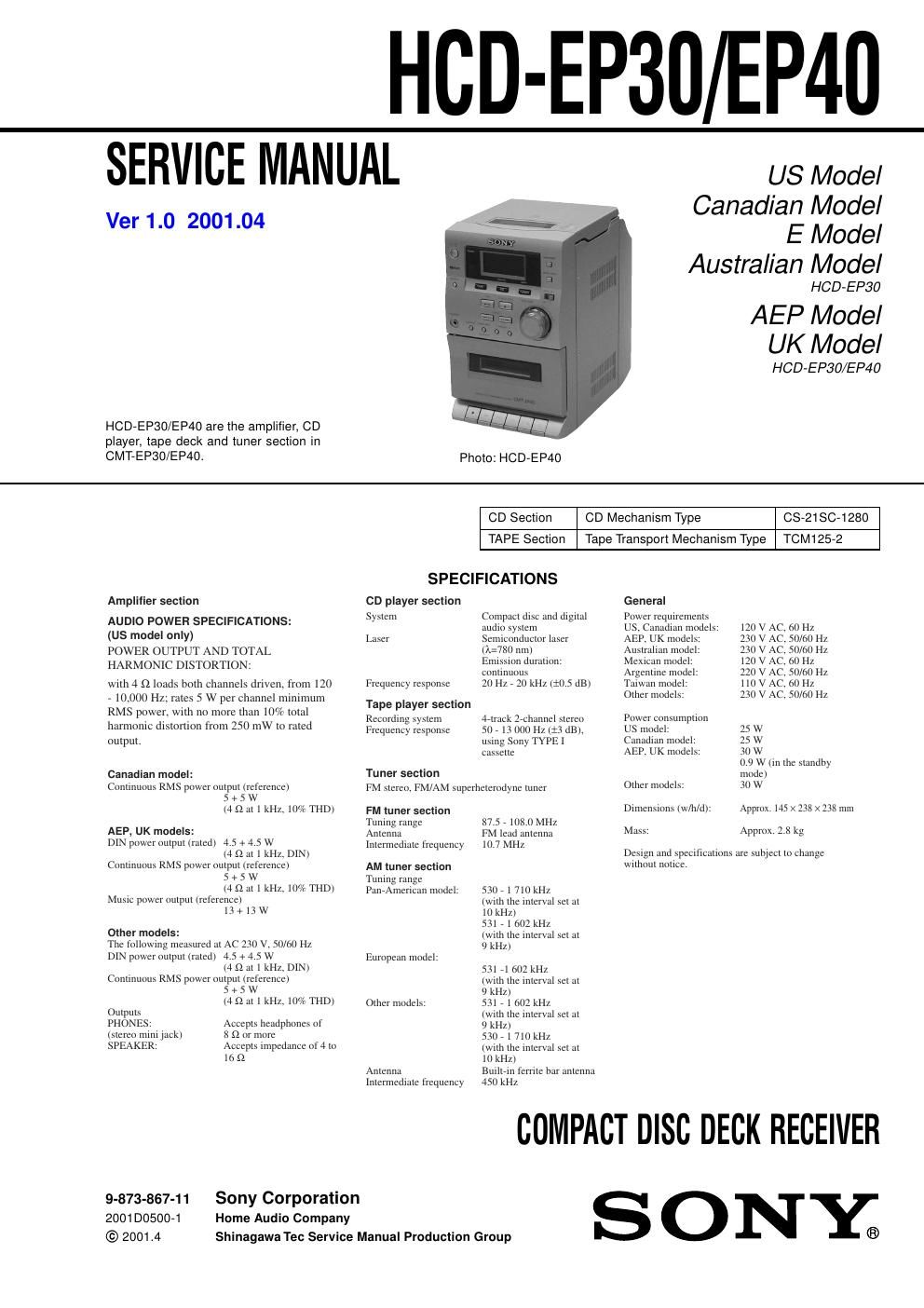 sony hcd ep 40 service manual