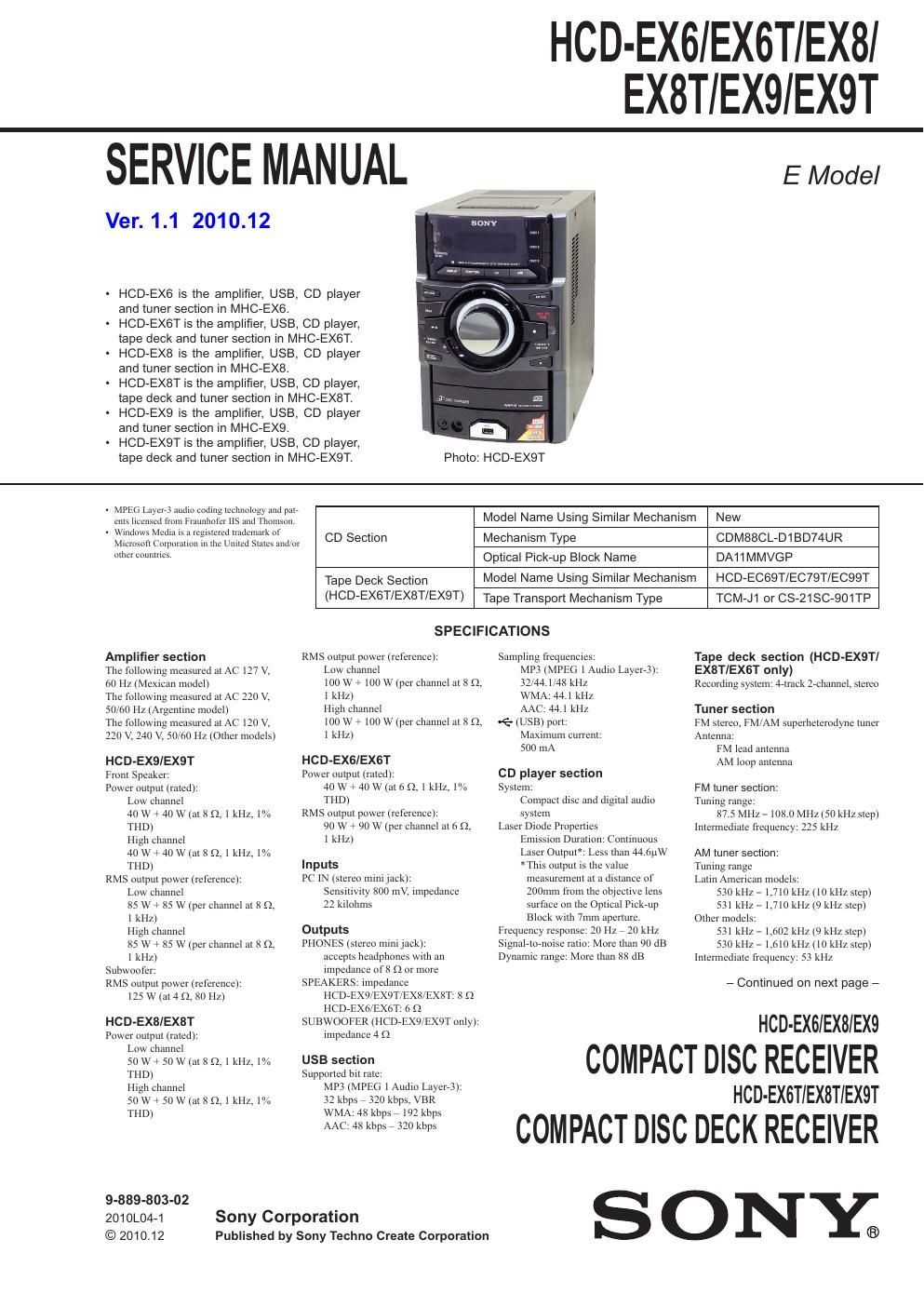 sony hcd ex 6 ex 6t ex 8 ex 8t ex 9 ex 9t ver 1 1 service manual