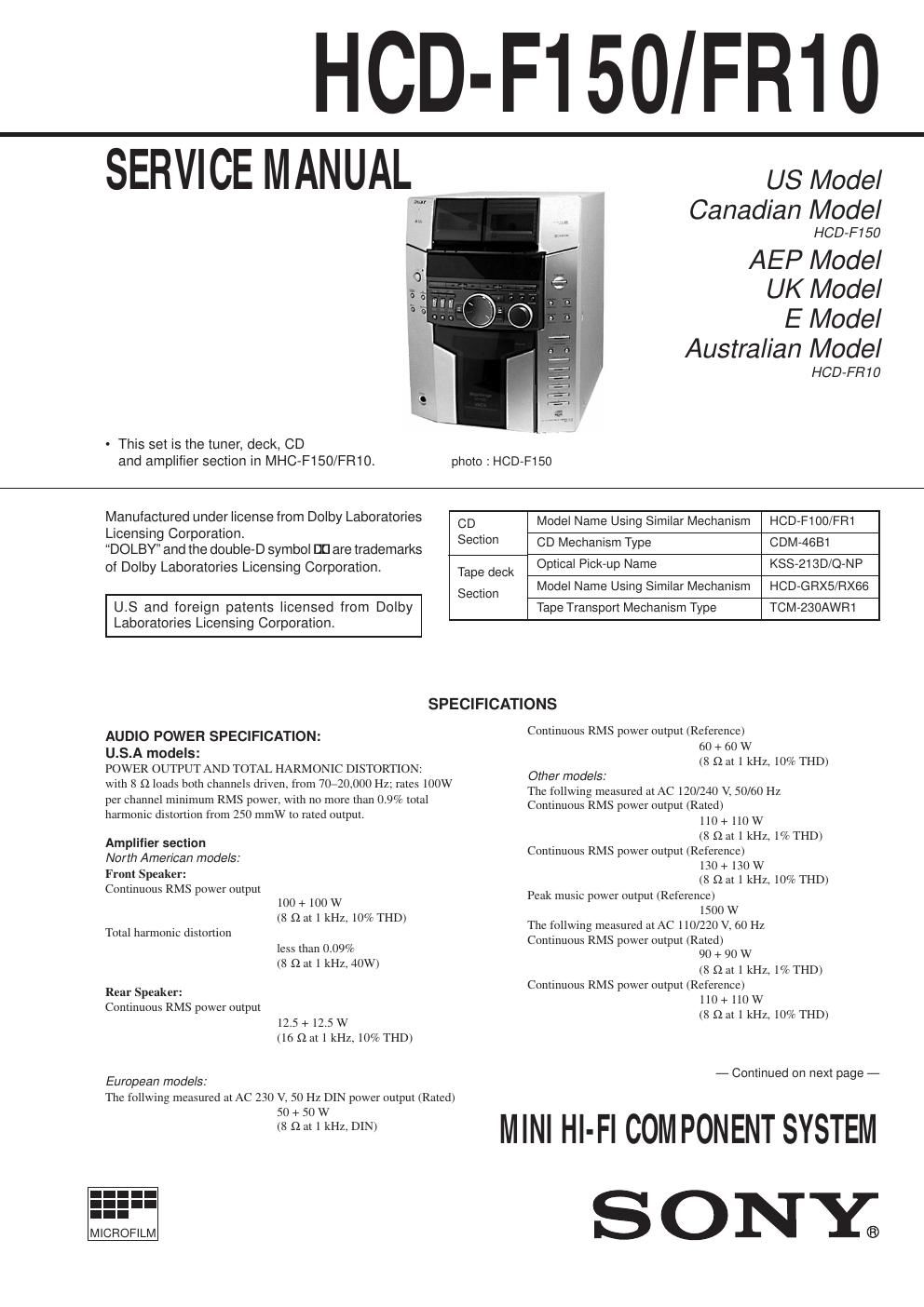 sony hcd f 150 service manual