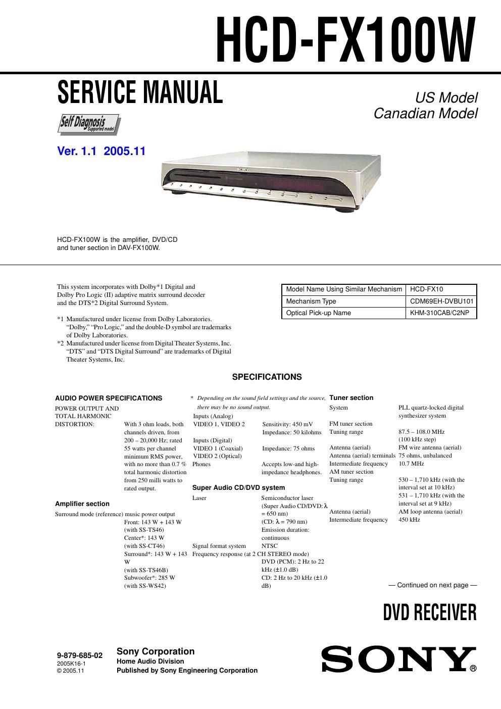 sony hcd fx 100 w service manual