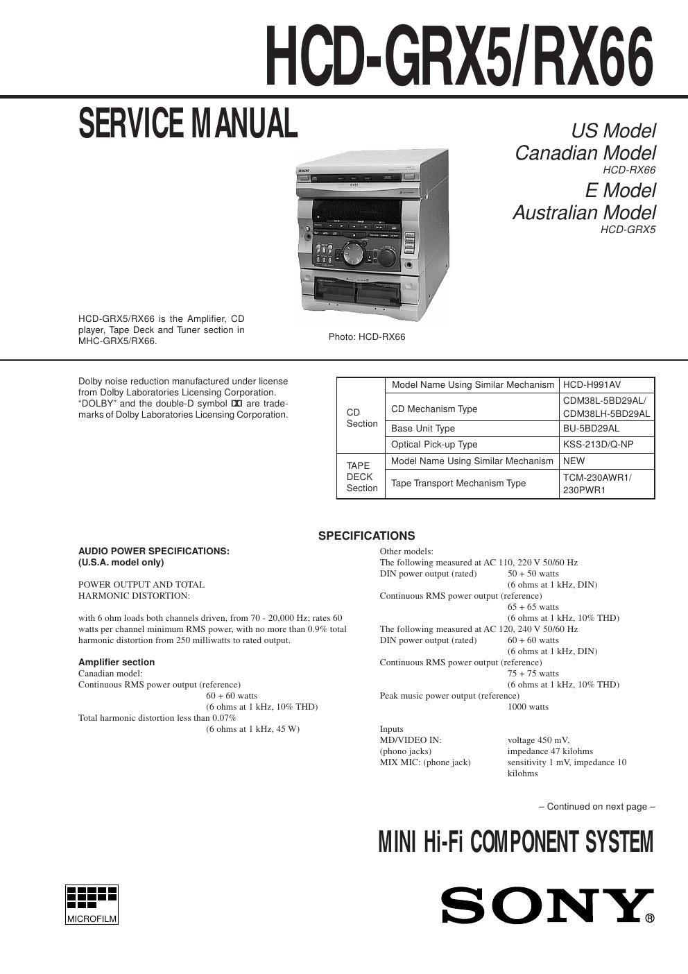 sony hcd grx 5 service manual