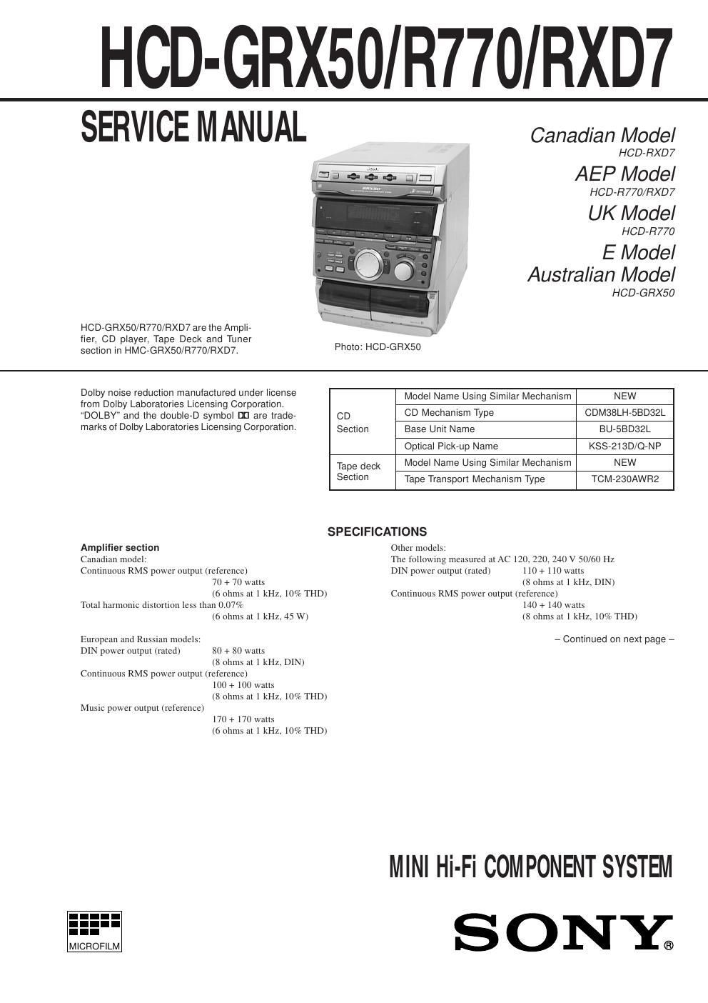 sony hcd grx 50 service manual