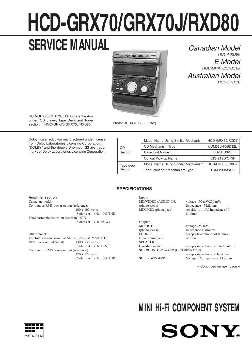 sony hcd grx 70 j service manual