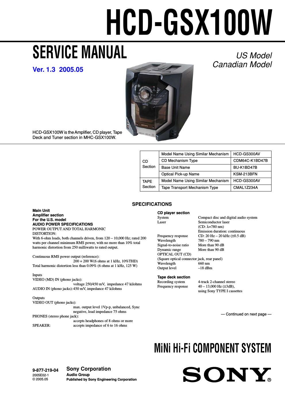 sony hcd gsx 100 w service manual