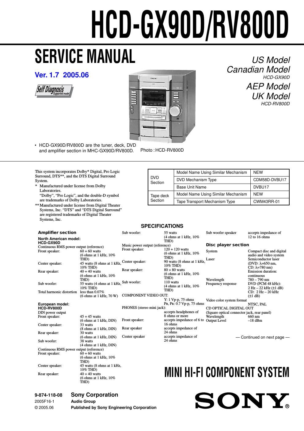 sony hcd gx 90 service manual