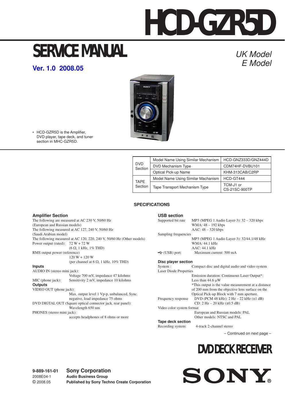 sony hcd gzr 5d service manual