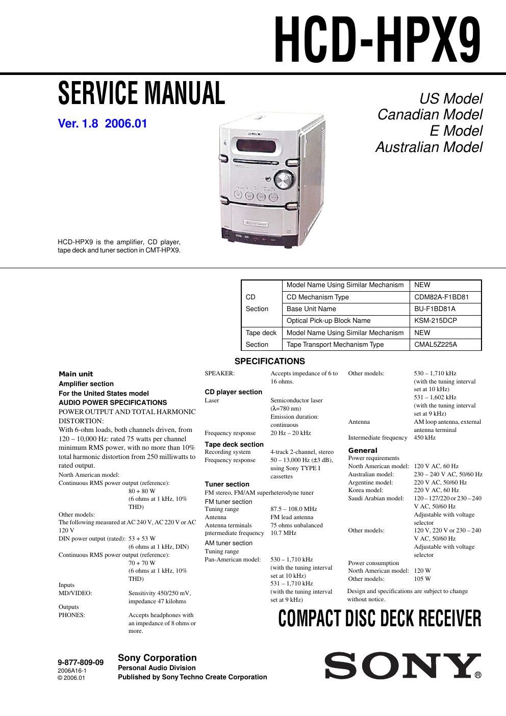 sony hcd hpx 9 service manual