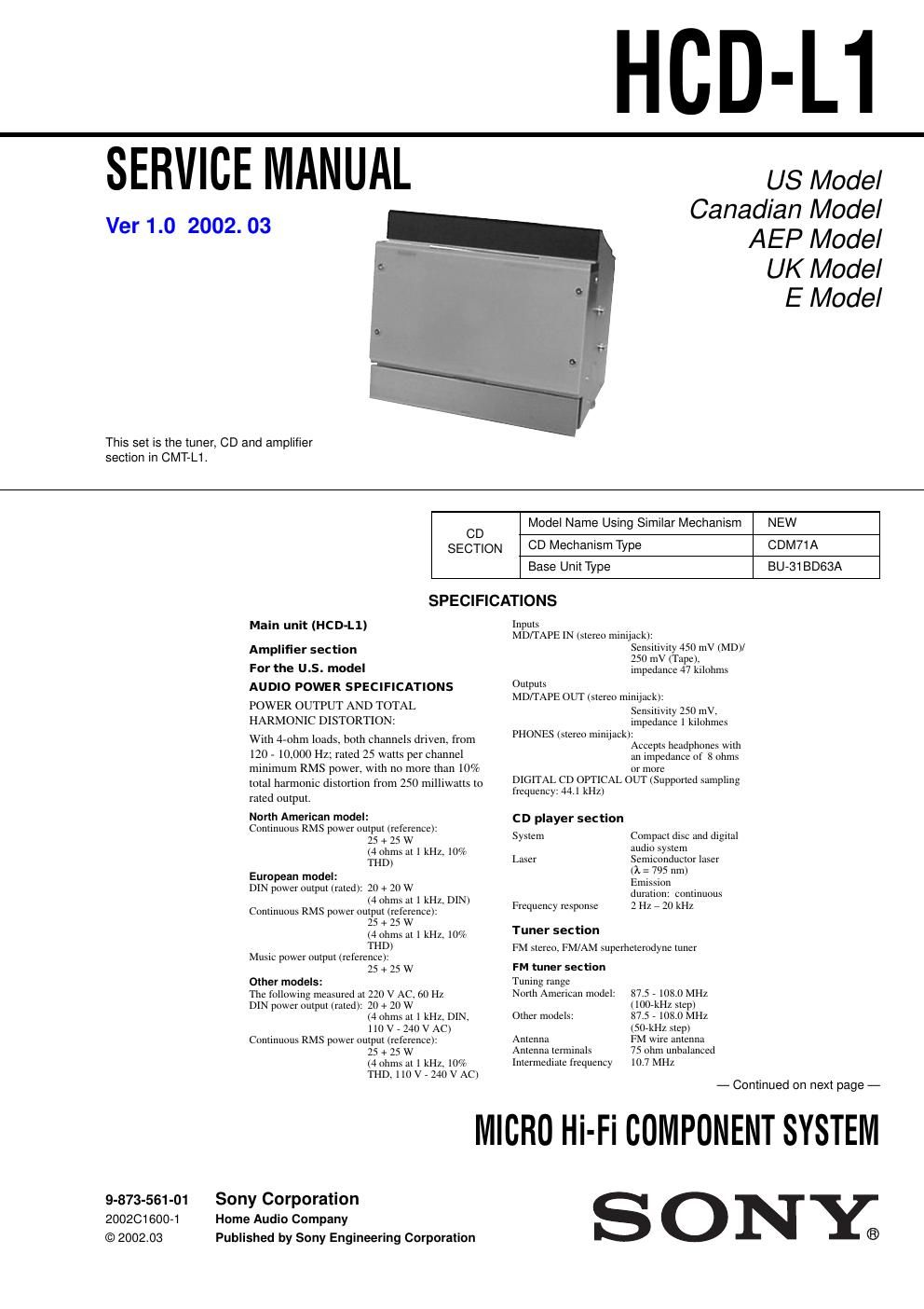 sony hcd l 1 service manual