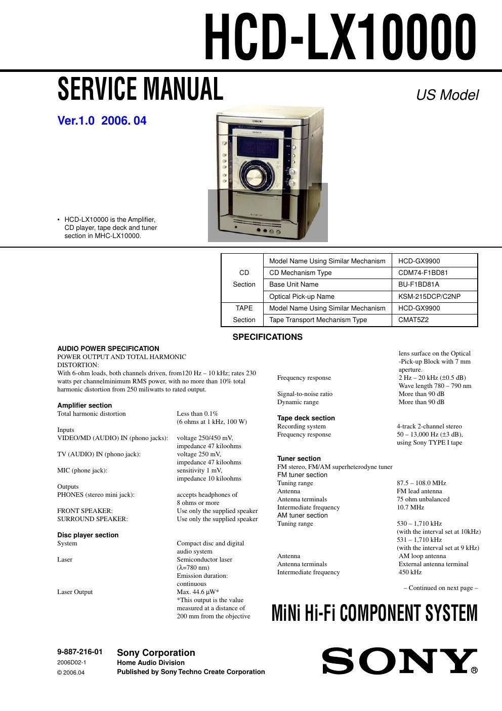 sony hcd lx 10000 service manual