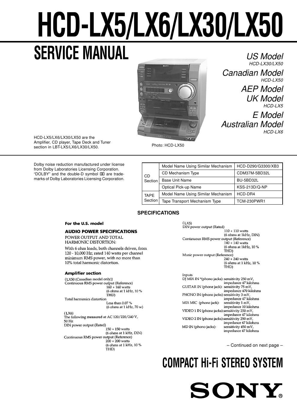 sony hcd lx 6 service manual