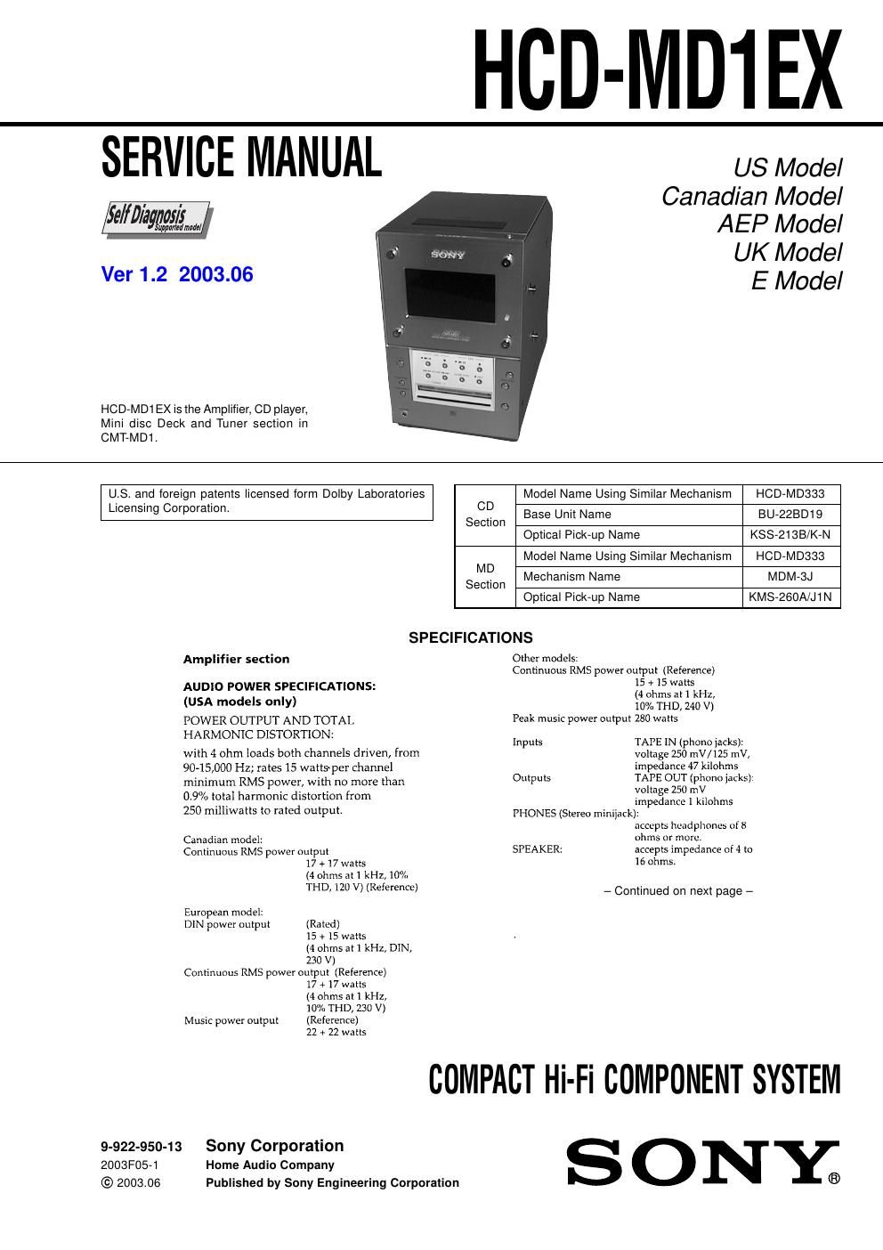 sony hcd md 1 ex service manual