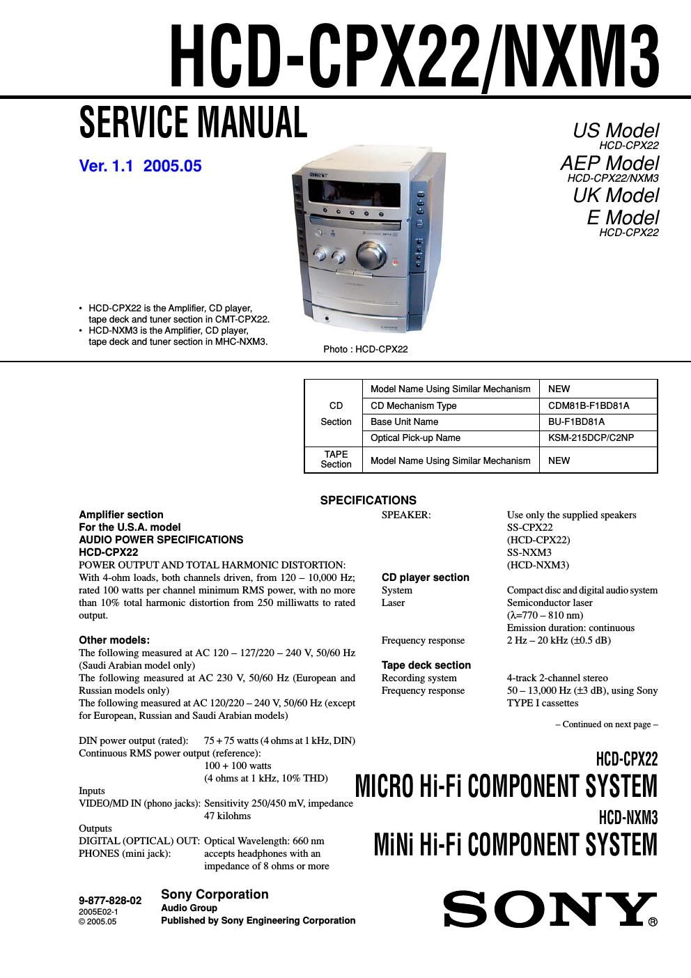 sony hcd nxm 3 service manual