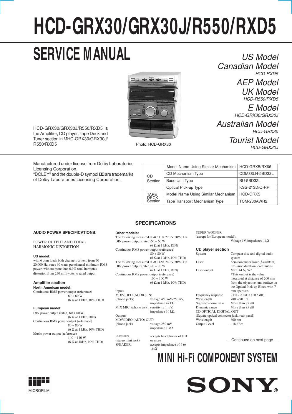 sony hcd r 550 service manual