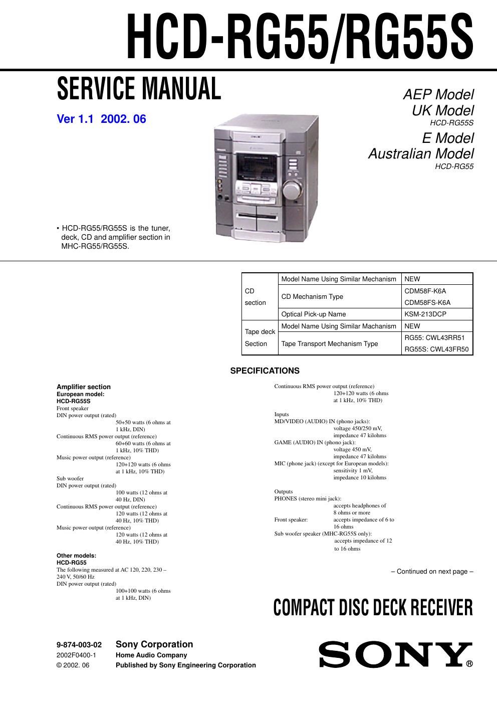 sony hcd rg 55 service manual