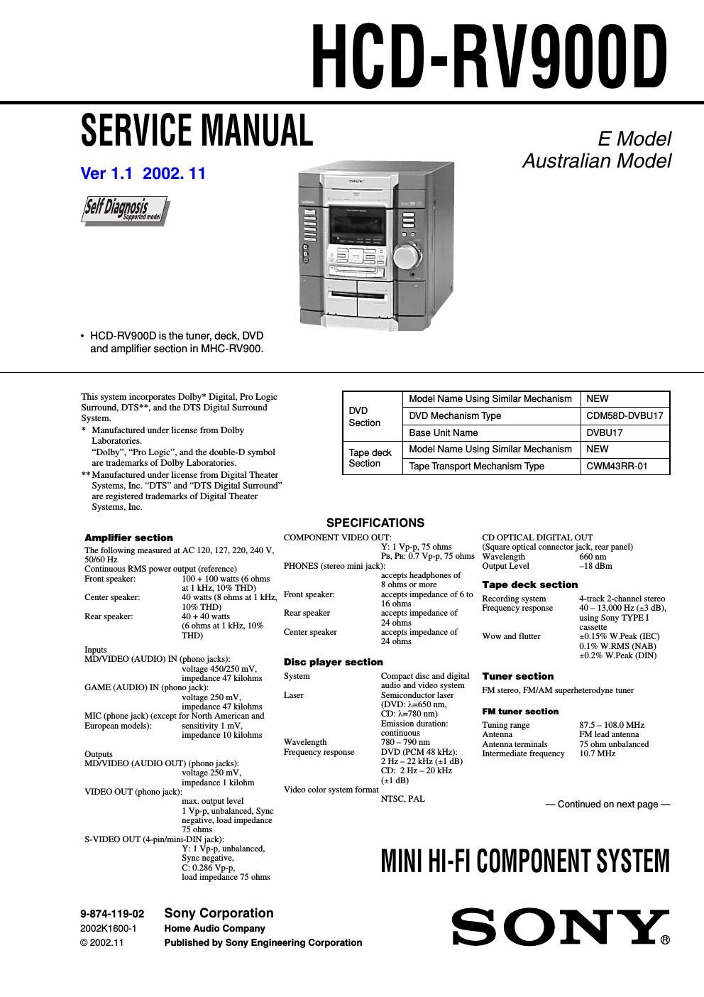 sony hcd rv 900d service manual