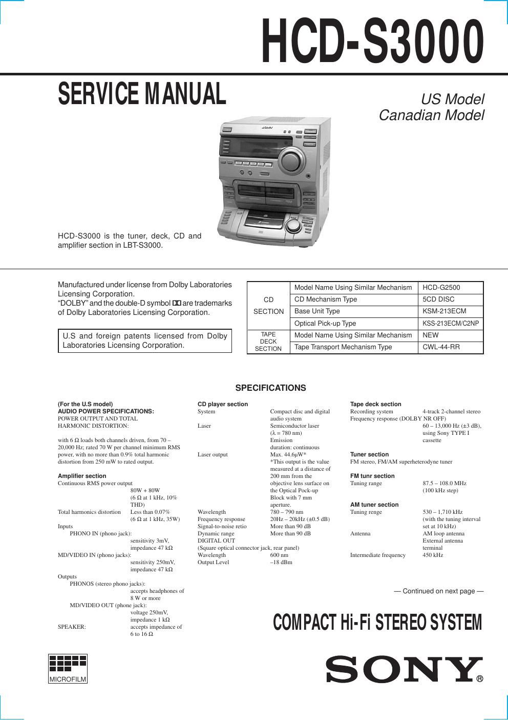 sony hcd s 3000 service manual