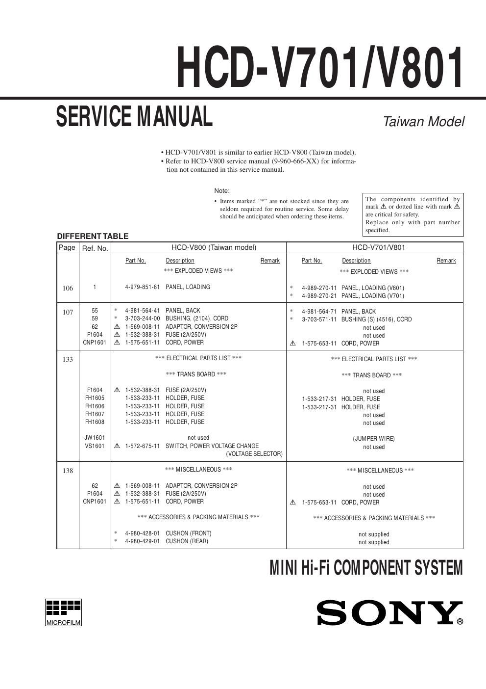 sony hcd v 701 v 801 sch