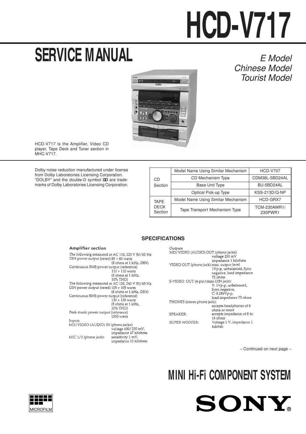 sony hcd v 717 service manual