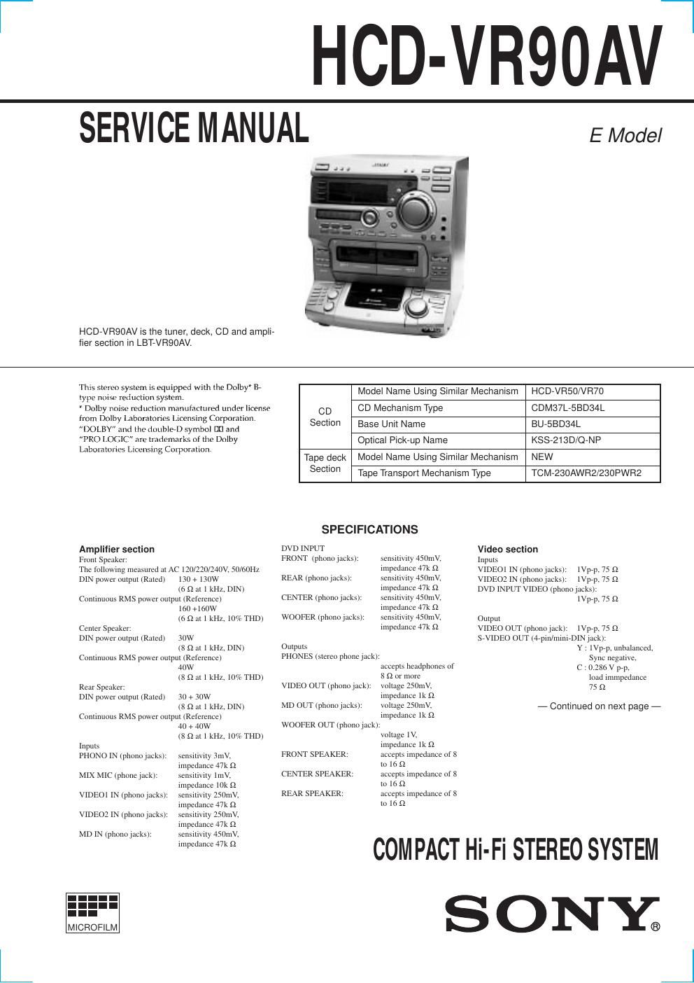 sony hcd vr 90av service manual