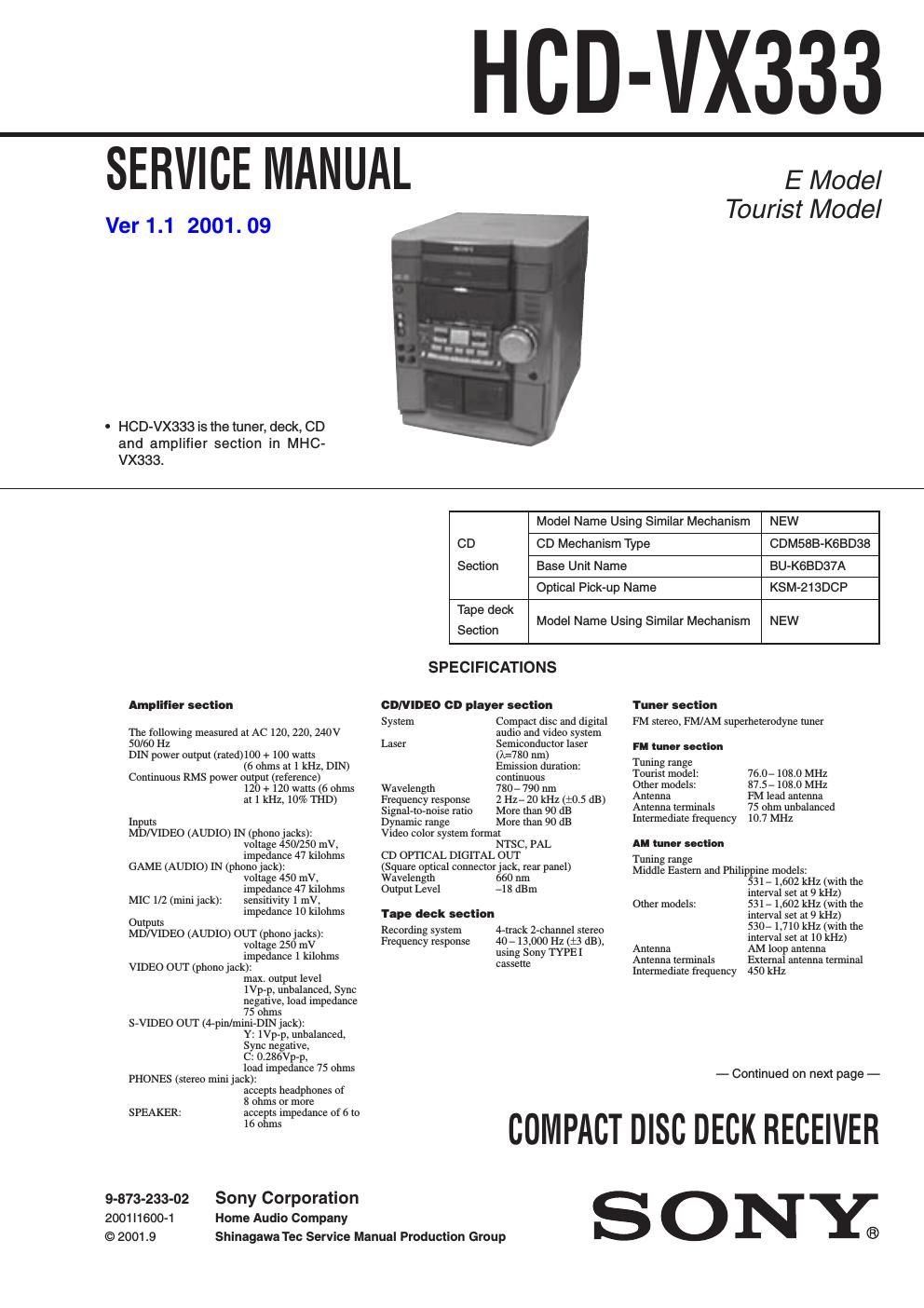 sony hcd vx 333 service manual