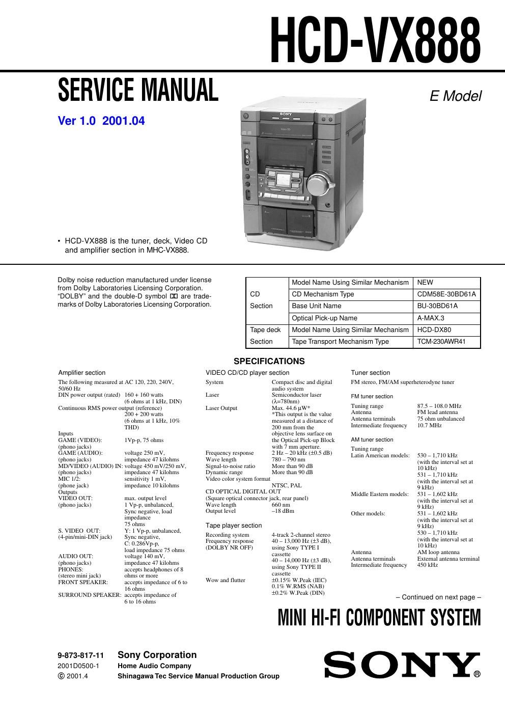 sony hcd vx 888 service manual