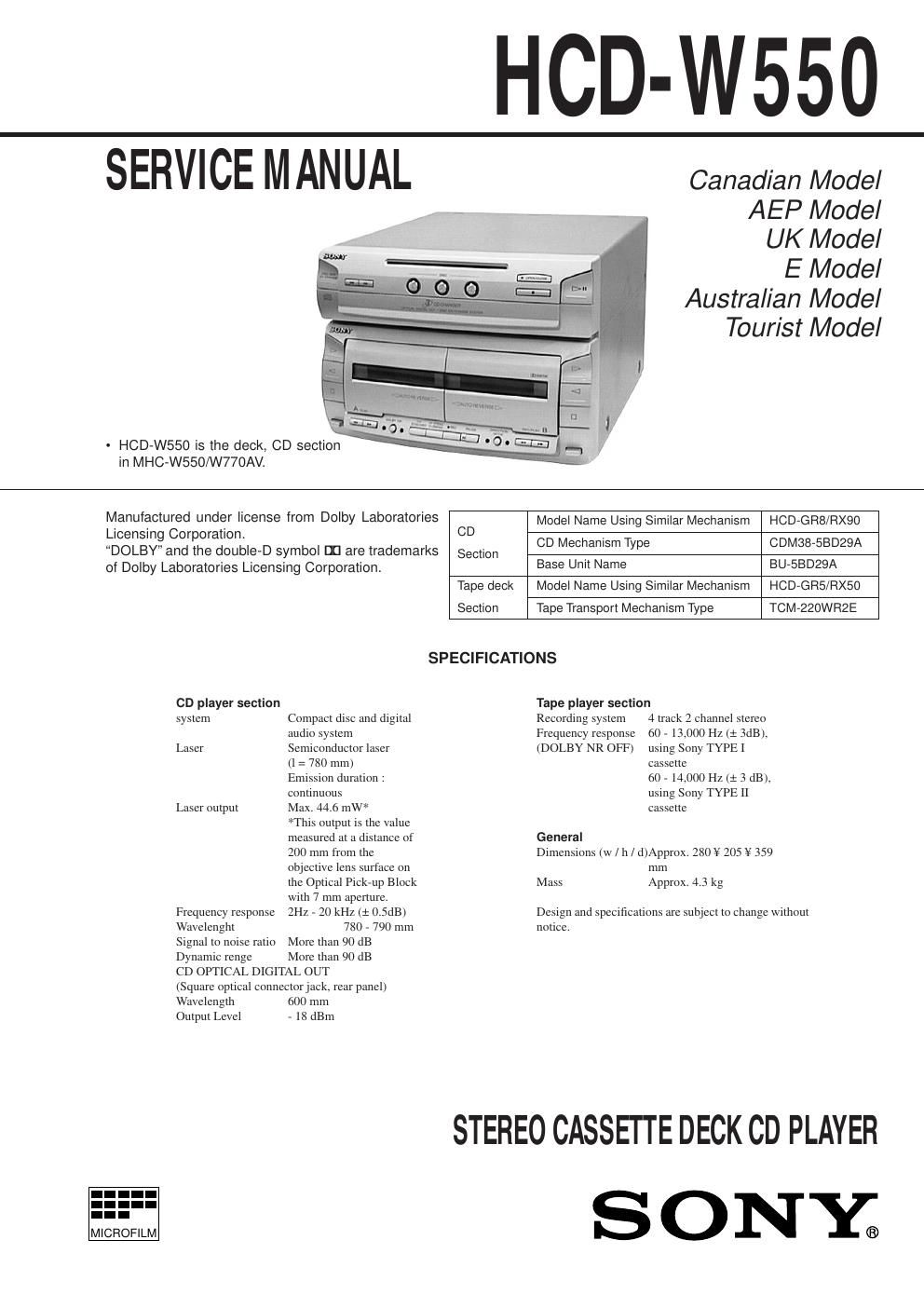 sony hcd w 550 service manual