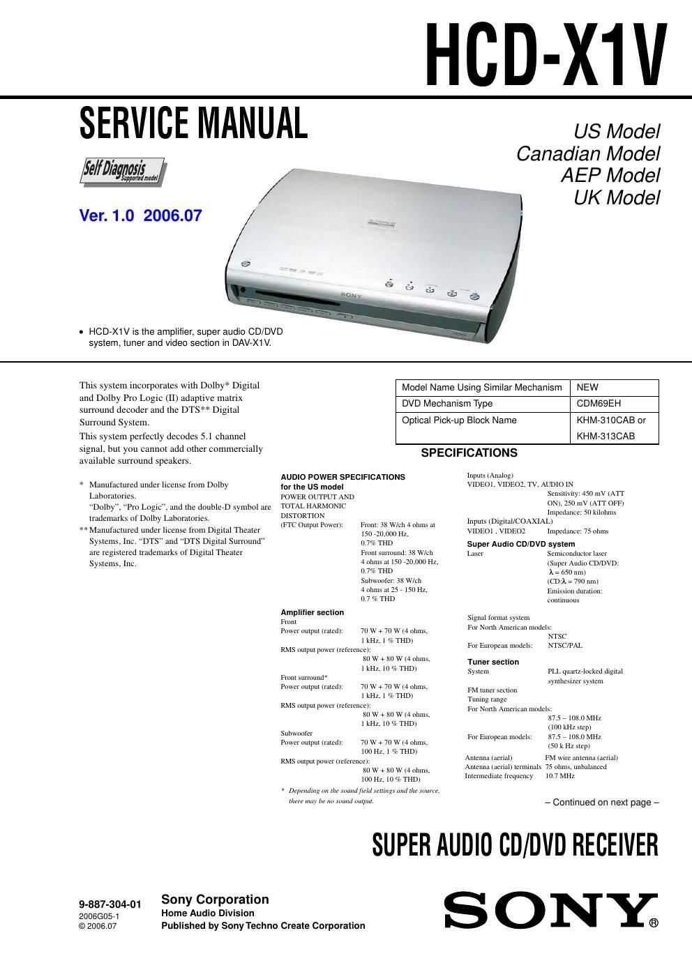 sony hcd x 1 v service manual