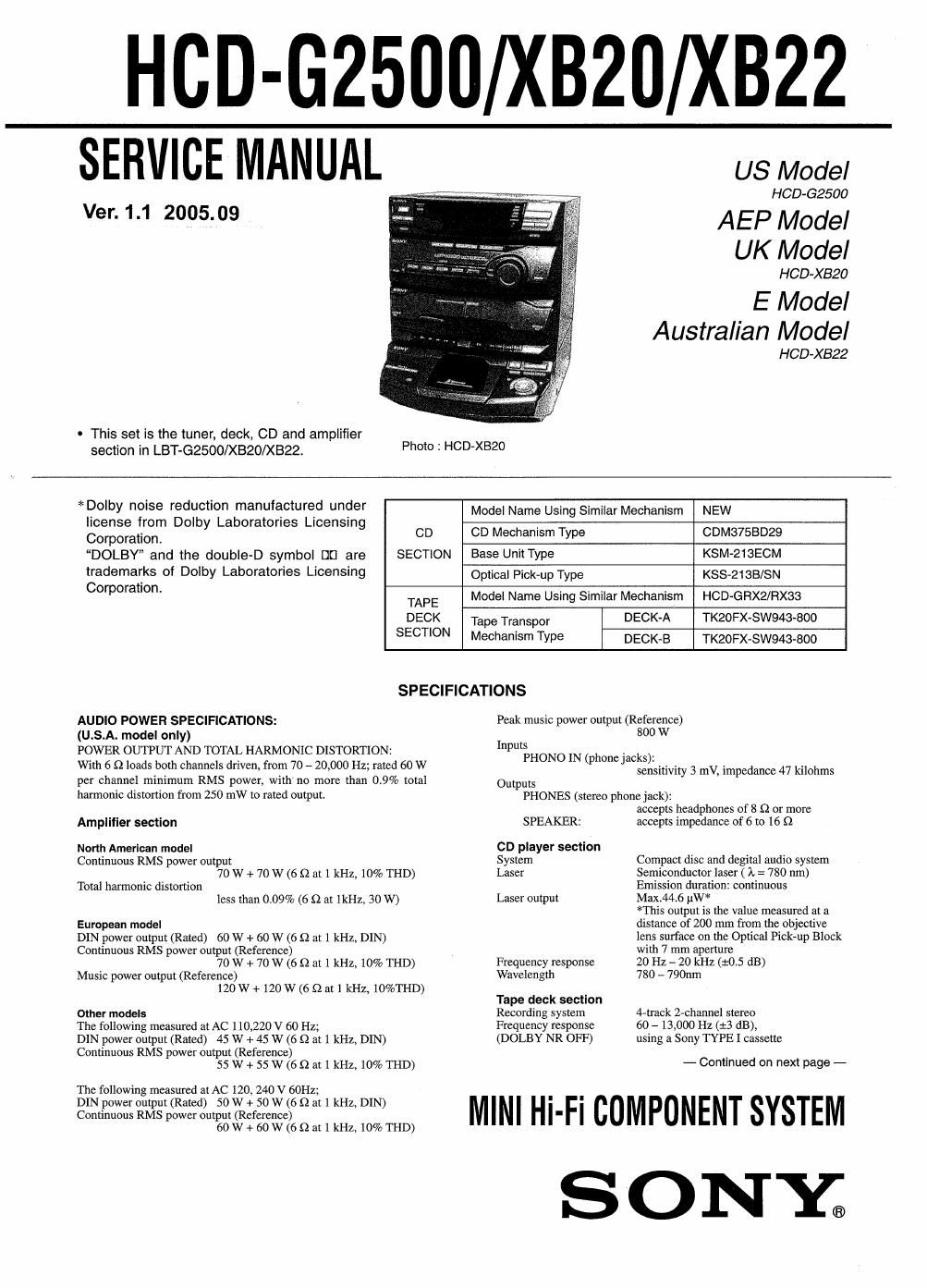 sony hcd xb 20 service manual