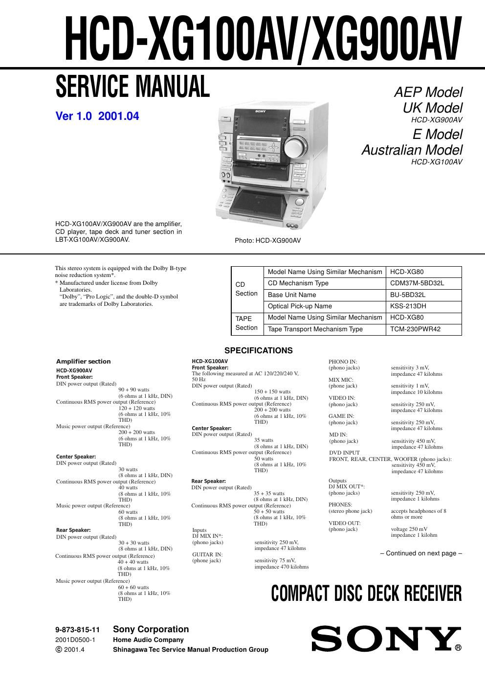 sony hcd xg 900 av service manual