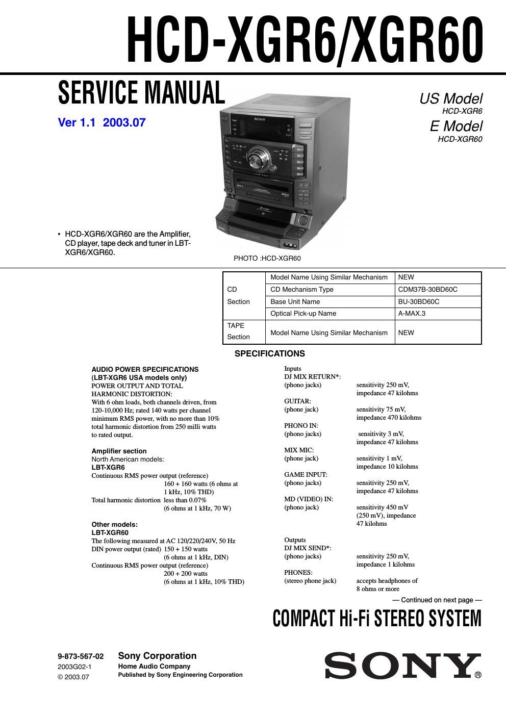 sony hcd xgr 6 service manual