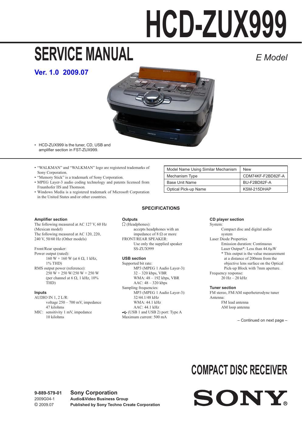 sony hcd zux 999 service manual