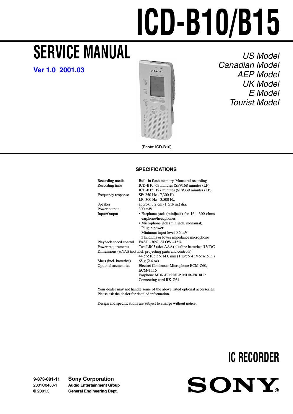 sony icd b 10 service manual