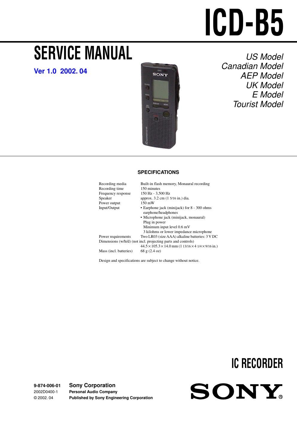 sony icd b 5 service manual