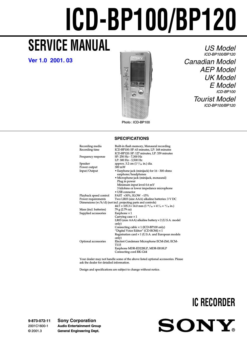 sony icd bp 100 service manual