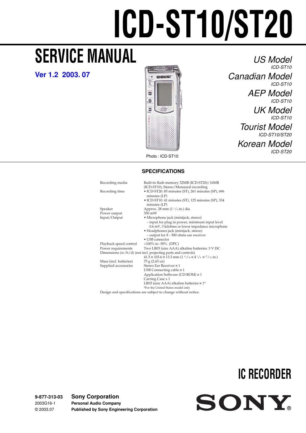 sony icd st 10 service manual