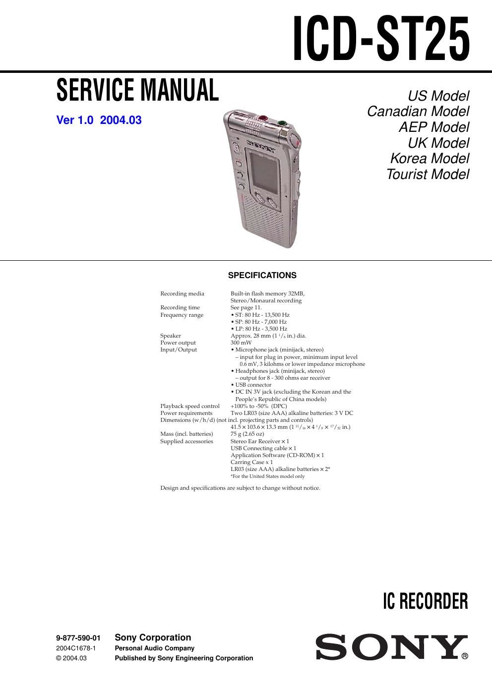 sony icd st 25 service manual