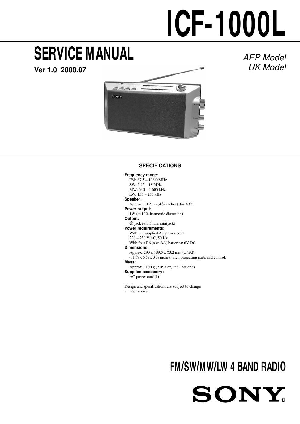 sony icf 1000 l service manual