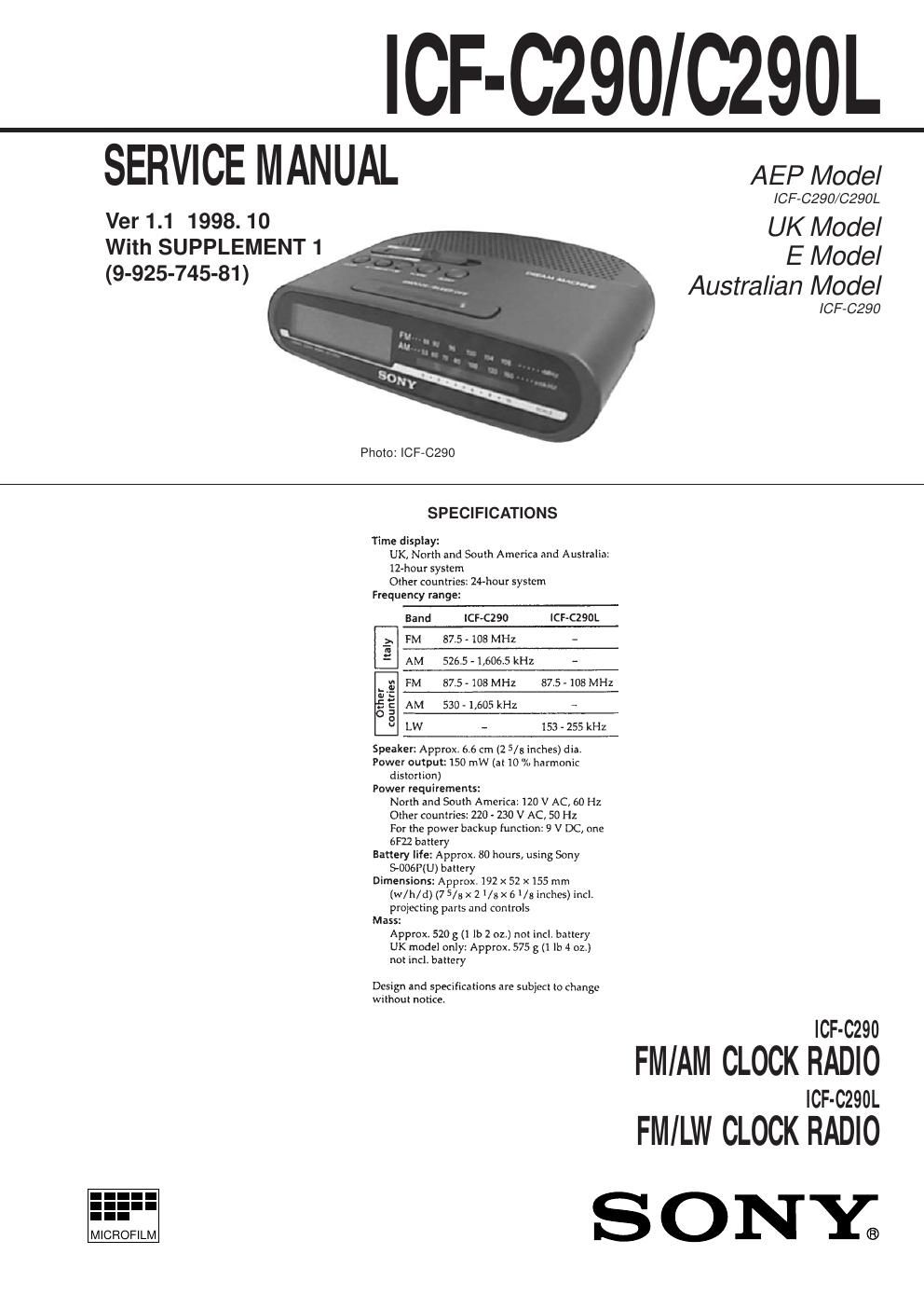 sony icf c 290 l service manual