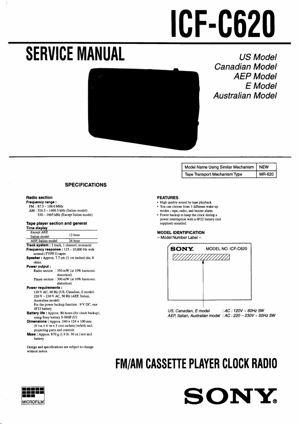 sony icf c 620 service manual