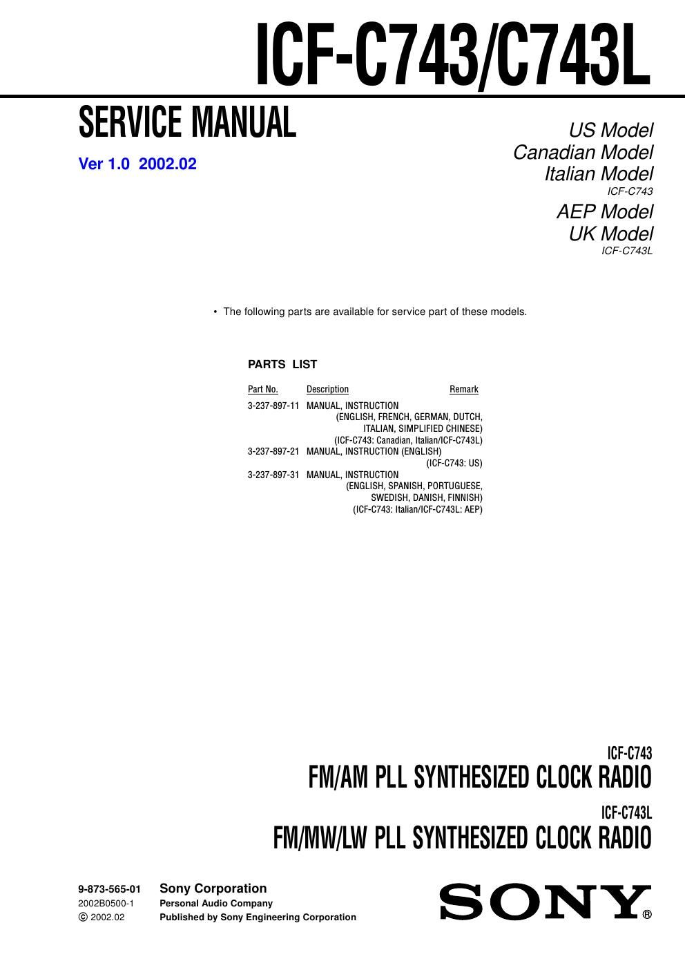 sony icf c 743 service manual