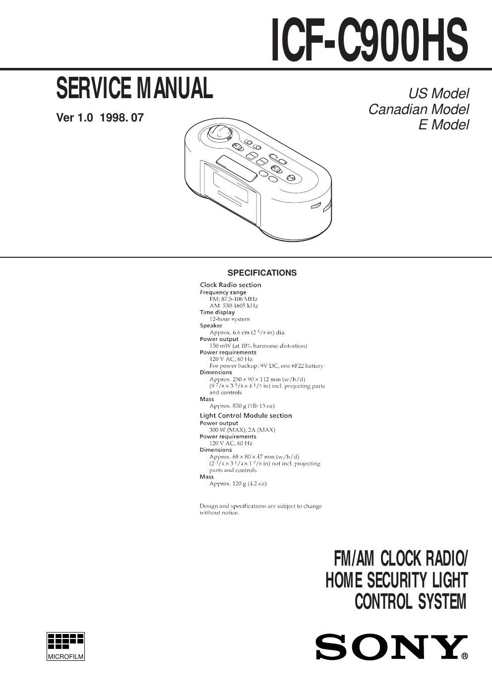 sony icf c 900 hs service manual