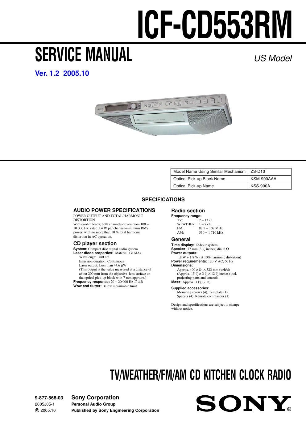 sony icf cd 553 rm service manual