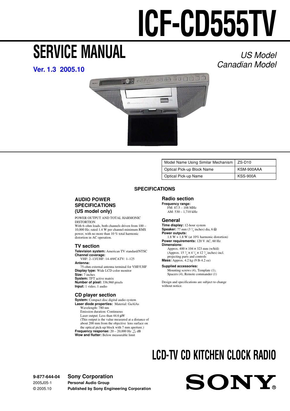 sony icf cd 555 tv service manual