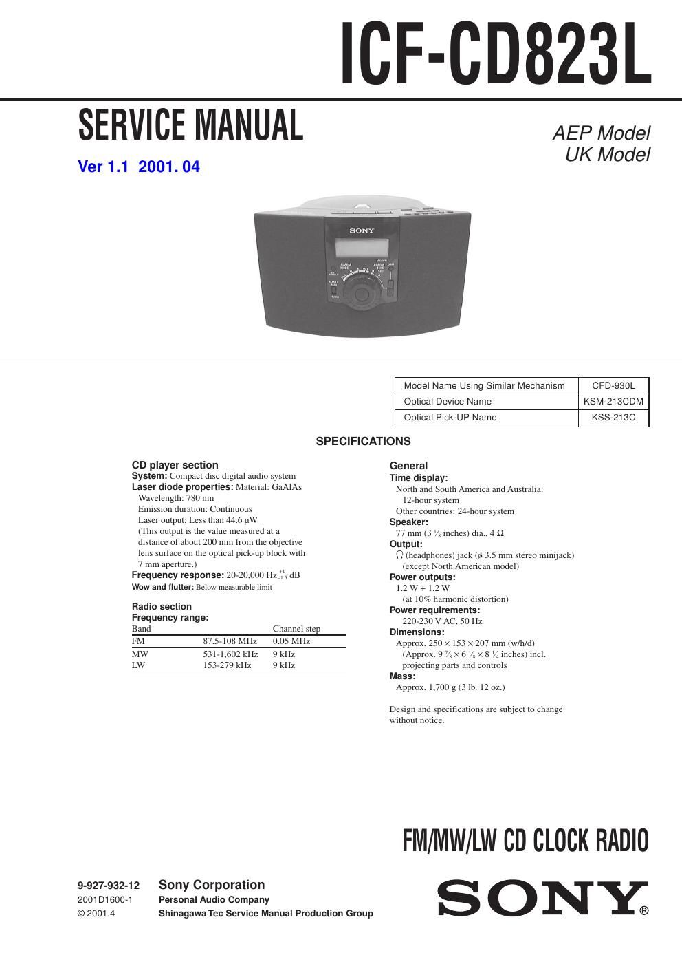 sony icf cd 823 l service manual