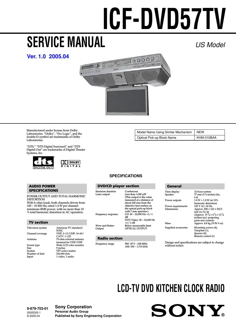 sony icf dvd 57 tv service manual